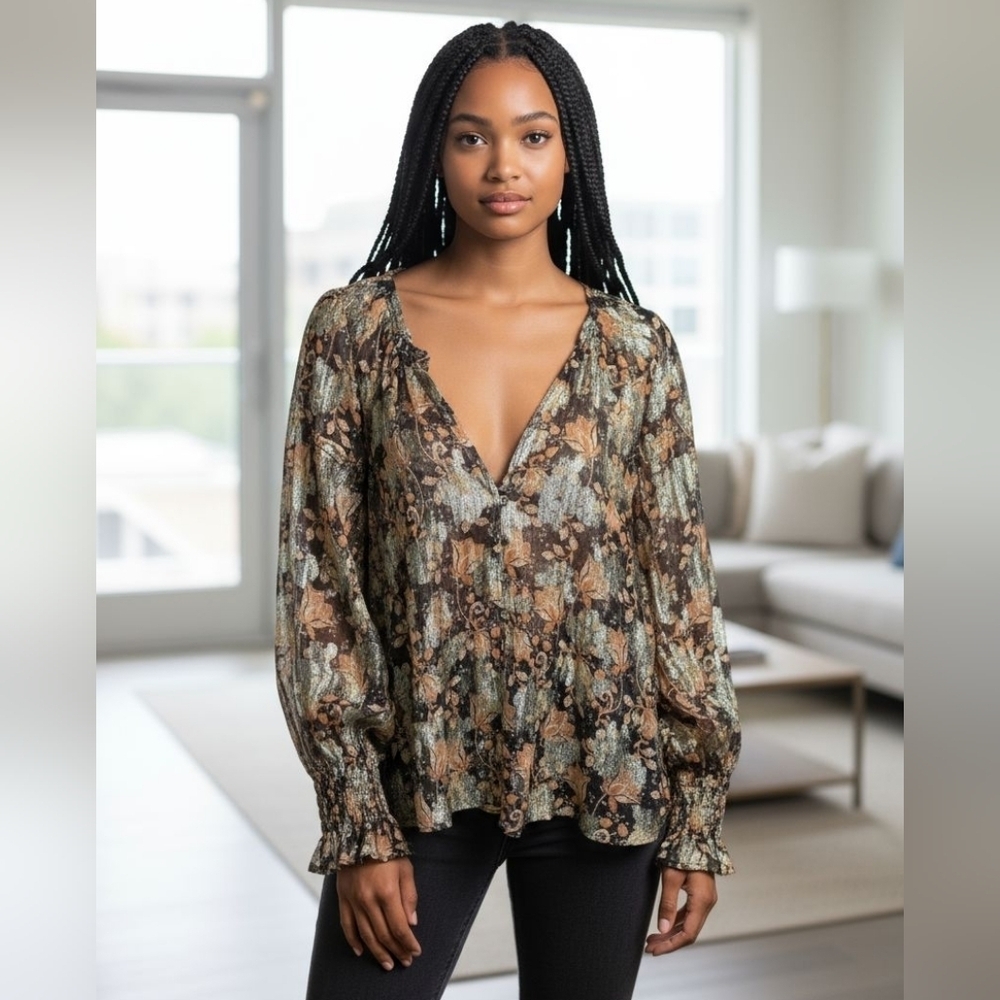 Free People Cream Brown Pleated Long Sleeve Blouse Large #BL15
